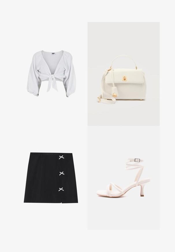 Urban Classics STRUCTURED KNOTTED - Bluse - white; Sort miniskørtes med en glat tekstur, prydet med hvide krydste bånd på venstre side. Enkel design med lige snit.; Hvid sandal med hæl, spænde-front, ankelrem med spænde og en slank mellemhøj hæl mod en ensfarvet baggrund.; Hvid lædertaske med håndtag øverst, justerbar skulderrem, klaplukning og gulddetalje med lås på en ensfarvet baggrund.