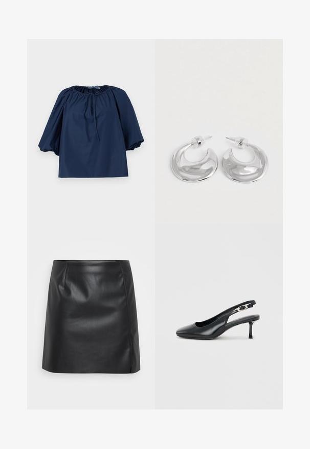 Marineblauwe blouse met elastische halslijn, koorddetail aan de voorkant, pofmouwen tot de elleboog en rechte zoom.; Zwart leren miniskirt met een gladde textuur, voorzien van een licht uitlopende vorm, plooien aan de voorkant en een zijnaad voor extra detail.; Zwarte leren slingback met puntige neus, lage, slanke kittenhak en verstelbare gespsluiting op een effen lichte achtergrond.; Een paar gepolijste zilveren halve maanvormige creolen met heldere plastic achterkanten op een witte ondergrond.