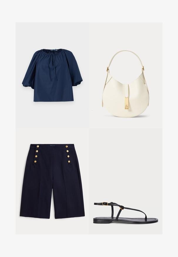 Marineblauwe blouse met elastische halslijn, koorddetail aan de voorkant, pofmouwen tot de elleboog en rechte zoom.; Marineblauwe knielange shorts met wijde pijpen en decoratieve gouden knopen op de voorzakken.; Zwarte platte sandaal met een minimalistisch ontwerp. Beschikt over dunne banden, een teenpost, gouden hardware-accenten en een gladde, textuurachtige zool.; Crèmekleurige leren handtas met een enkele gebogen bovenhandgreep en een gouden rechthoekige sluiting aan de voorkant.