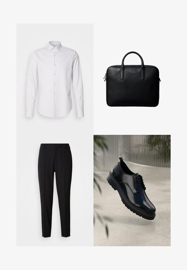 Hvid langærmet skjorte med spids krave, knaplukning foran, lavet af et glat stof. Har en subtil stribet tekstur.; Calvin Klein PULL ON - Bukser - black; Sorte lædersko med en blank overflade, rund tå, snøredesign, kontrastsyninger og en tyk gummisål med mønster.; Sort tekstureret lædermappe med dobbelte håndtag og sølv lynlås, centreret på hvid baggrund.