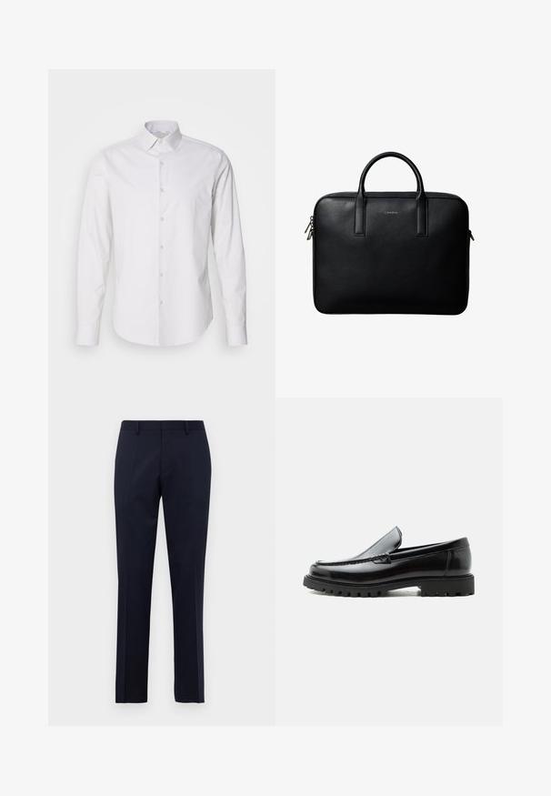Witte longsleeve shirt met een puntig kraag, knopenfront, gemaakt van een gladde stof. Heeft een subtiele gestreepte textuur.; Navy blauwe slim-fit formele broeken met riemlussen en doorgestikte plooien, weergegeven tegen een effen witte achtergrond.; Zwarte leren loafer met dikke rubberen zool, gestikte bovenkant en gegraveerde merknaam op de hiel, zijaanzicht op witte achtergrond.; Zwarte gestructureerde leren aktetas met dubbele handvatten en zilveren ritstrekkers, gecentreerd op een witte achtergrond.