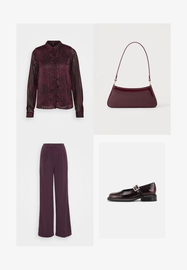 Camisa transparente de botones en rojo oscuro con un patrón de rayas onduladas negras; cuenta con un cuello y mangas largas con puños abotonados.; Pantalones de pierna ancha en tejido morado profundo. Presentan una cinturilla ajustada con pliegues. Textura suave sin patrones ni herrajes visibles.; Zapato único Mary Jane brillante de color burdeos oscuro con correa ancha y hebilla plateada, tacón bloque bajo y punta redondeada sobre fondo blanco.; Bolso brillante de color burdeos oscuro con un asa fina y única y una forma elegante de trapecio sobre un fondo claro y liso.