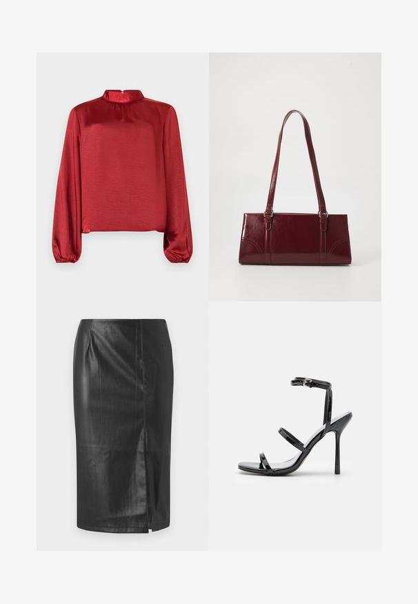 Rød satin bluse med lange ærmer, høj halskrave og rynkedetaljer. Stoffet har en glat tekstur og en let blank overflade.; Sorte læder blyant nederdel med et strømlinet design, der har en sideslids og en glat tekstur, velegnet til formelle eller afslappede anledninger.; Sorte patentlæder højhælede sandaler med tre horisontale stropper og en justerbar ankelstrop. Elegant silhuet og skinnende finish.; Bordeaux håndtaske lavet af glansfuldt materiale, rektangulær form, med to skulderremme og subtile buede detaljer på forsiden.