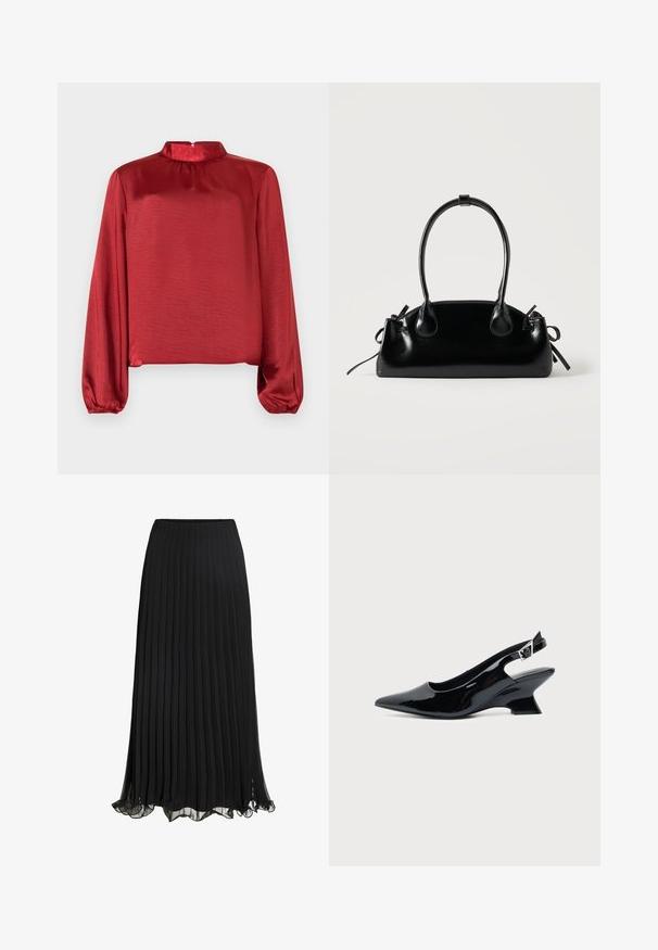 Blusa larga de satén rojo con mangas largas, cuello alto y detalles fruncidos. La tela tiene una textura suave y un acabado ligeramente brillante.; Falda maxi plisada negra hecha de un tejido liviano con un diseño fluido. Cuenta con un dobladillo con volantes y una cinturilla elástica para mayor comodidad.; Zapato slingback de cuero charol negro con puntera puntiaguda y tacón bajo en bloque inclinado sobre fondo claro liso.; Pequeño bolso negro brillante con dos asas largas y detalles de cordón lateral sobre un fondo claro liso.
