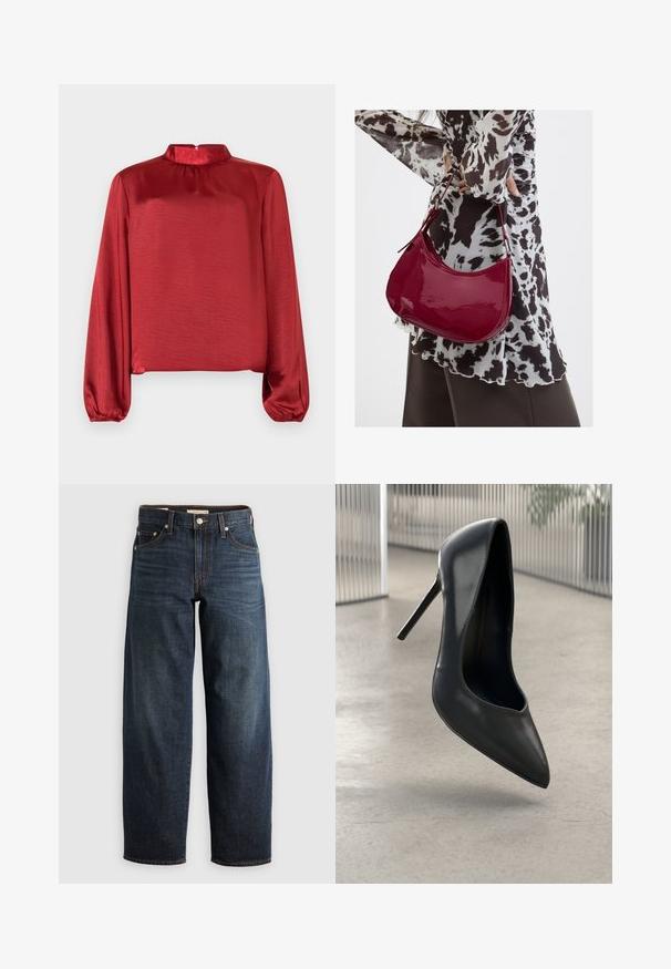 Blusa larga de satén rojo con mangas largas, cuello alto y detalles fruncidos. La tela tiene una textura suave y un acabado ligeramente brillante.; Jeans oscuros de denim, con un diseño de pierna recta, estilo de cinco bolsillos, y acentos de costura superior con cierre de botón.; Zapato de tacón alto de cuero negro con punta afilada, diseño elegante y sin herrajes visibles. Textura suave y estilo minimalista.; Mujer con blusa de estampado en blanco y negro sosteniendo un bolso de hombro rojo brillante sobre un fondo liso.