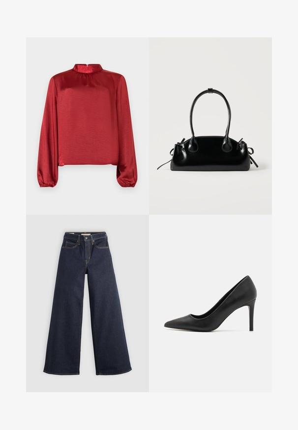 Rød satin bluse med lange ærmer, høj halskrave og rynkedetaljer. Stoffet har en glat tekstur og en let blank overflade.; Bredde ben denim jeans i mørkeblå med kontrastsyninger. Har det traditionelle fem-lomme design og en knaplukning ved taljen.; Sorte stiletto-sko med spids tå, lavet af glat læder, med et strømlinet design og en tynd, cylindrisk hæl.; Lille sort blank håndtaske med to lange håndtag og snøre-detaljer i siden på en ensfarvet lys baggrund.