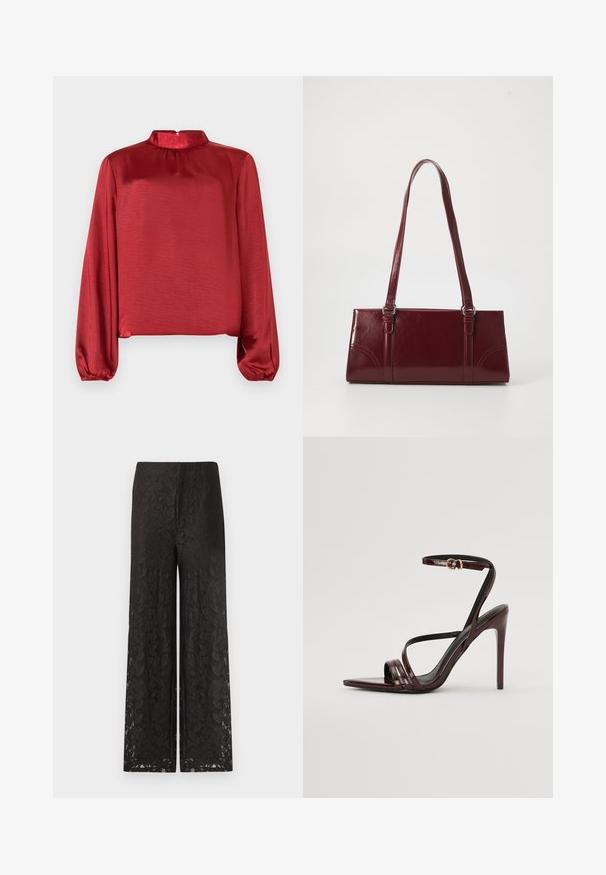Rød satin bluse med lange ærmer, høj halskrave og rynkedetaljer. Stoffet har en glat tekstur og en let blank overflade.; Sorte blonde bukser med vid ben, der har et blomstermønster, struktureret overflade, høj talje og en løs pasform for komfort og stil.; Bordeaux laker læder højhælede sandal med ankelrem, spids tå og tre vandrette remme over foden. Detalje med spænde i guldtonet.; Bordeaux håndtaske lavet af glansfuldt materiale, rektangulær form, med to skulderremme og subtile buede detaljer på forsiden.