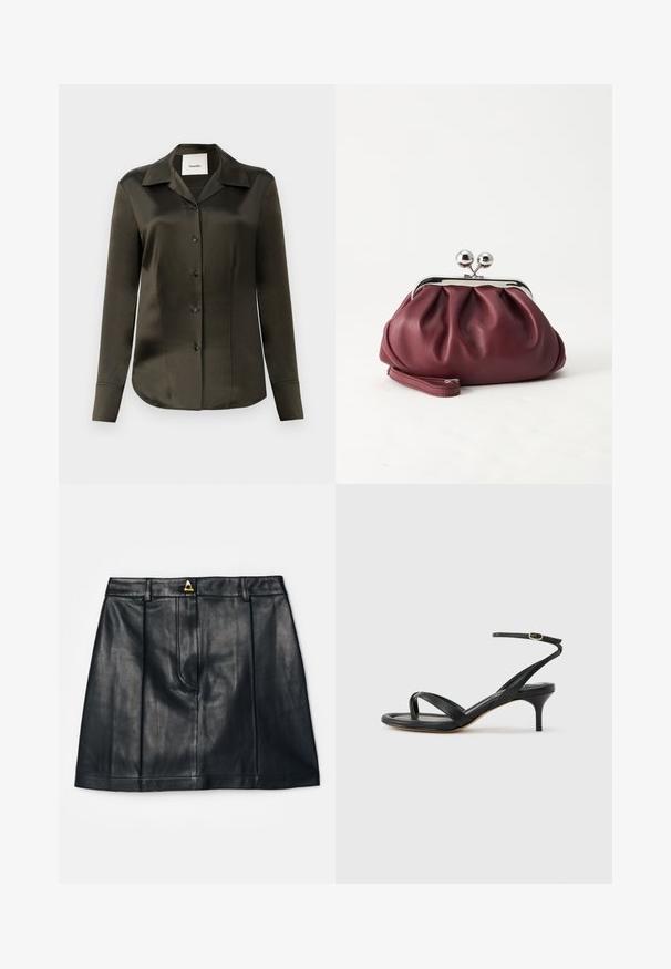 Olijfgroen satin button-up shirt met een puntige kraag, lange mouwen en zwarte knopen, met een gladde textuur en een op maat gemaakte pasvorm.; AERON RUDENS SKIRT - A-lijn rok - black; Zwarte leren dames sandaal met dunne bandjes, een teengreep, een enkelgesp en een stilettohak van gemiddelde hoogte op een neutrale achtergrond.; Kleine bordeauxrode leren clutch-portemonnee met zilverkleurige metalen sluiting en polsbandje op een witte achtergrond.