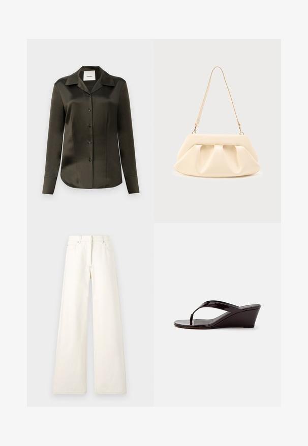 Chemise satin olive verte à boutons, avec un col pointu, des manches longues et des boutons noirs, présentant une texture lisse et une coupe ajustée.; Pantalons larges de couleur crème en denim avec des coutures visibles et des poches. Le design présente une taille haute et une coupe droite.; Sandale compensée en cuir verni marron avec bride entre les orteils et bout ouvert, vue de profil sur un fond uni.; Sac à main en cuir couleur crème avec des plis froncés, des ferrures dorées, et une seule bandoulière fine sur un fond uni.