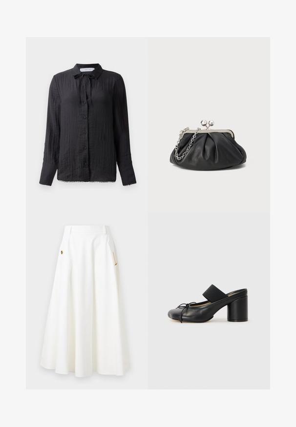 Blouse noire à boutons, avec un détail de col à nouer, en tissu texturé, à manches longues et ornée de dentelle au niveau de l'ourlet. Les boutons sont noirs et brillants.; Jupe midi blanche en A avec poches latérales, détails en chaîne dorée et boutons décoratifs, et passants de ceinture à la taille.; Mules noires à talons avec un bout rond, fabriquées en cuir lisse. Dotées d'une bande élastiquée et d'un talon cylindrique proéminent.; Porte-monnaie en cuir noir avec texture froncée, cadre en métal argenté, fermeture à verrouillage kiss-lock et bandoulière en chaîne. Surface lisse et douce.