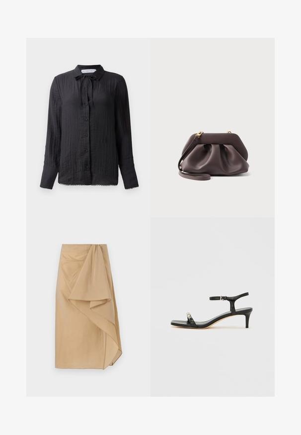 Zwarte blouse met knoopsluiting en een strikdetail bij de hals, van gestructureerde stof, met lange mouwen en kantafwerking aan de onderkant. De knopen zijn zwart en glanzend.; Beige wikkelrok van lichtgewicht stof met een asymmetrische draping, voorzien van een gegarneerde tailleband en een gladde textuur. Geen zichtbare sluitingen.; Zwarte leren sandaal met hak, enkelbandje, open neus, vierkante voorkant en zilverkleurige accenten. Gesloten ontwerp met een slank profiel.; Donkerbruine zachte leren clutch met gouden hardware en een afneembare riem, met een geplooid, gerimpeld ontwerp op een effen achtergrond.