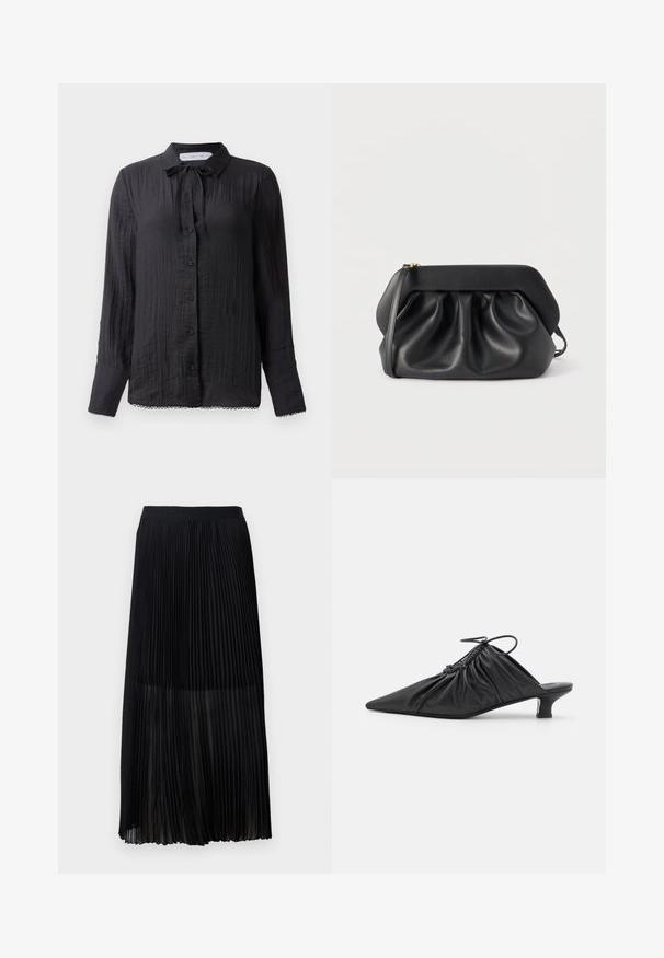 Zwarte blouse met knoopsluiting en een strikdetail bij de hals, van gestructureerde stof, met lange mouwen en kantafwerking aan de onderkant. De knopen zijn zwart en glanzend.; Zwarte geplooide midi-rok met een gladde, elastische tailleband en doorschijnende overlay, met fijne verticale plooien door de stof.; Zwarte leren instappers met een spitse neus, gegatherde textuur en een kleine kittenhiel. Heeft een trekkoorddetail aan de opening.; Zwarte leren clutch met een gestructureerd frame, geplooide details en een smalle polsband, op een witte achtergrond.