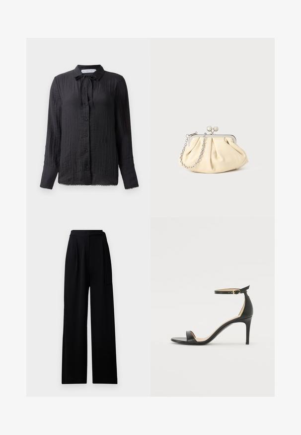 Blouse noire à boutons, avec un détail de col à nouer, en tissu texturé, à manches longues et ornée de dentelle au niveau de l'ourlet. Les boutons sont noirs et brillants.; Pantalons larges noirs en tissu doux, dotés d'une taille haute et d'une ceinture à nouer assortie, avec une texture lisse et sans motifs visibles.; Sandale à talons hauts en cuir noir avec une lanière de cheville. Présente une texture lisse, un bout ouvert et un talon fin. Détail de boucle en ton doré.; Pochette en cuir beige plissé avec un cadre en métal argenté, dotée de deux fermoirs ronds décoratifs et d'une chaîne en argent.