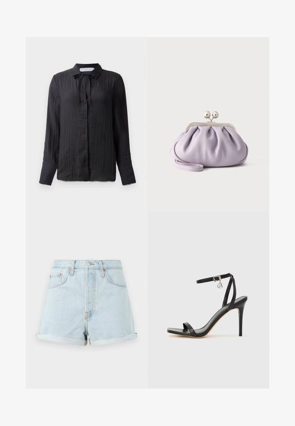 Schwarze Bluse mit Knopfleiste und Bindehalsdetail, strukturierter Stoff, lange Ärmel und Spitzensaum. Die Knöpfe sind schwarz und glänzend.; Hellblaue Denim-Shorts mit hoher Taille, umgekrempelten Säumen, Kupfernieten und einem Reißverschluss vorne. Klassisches Fünf-Taschen-Design.; Schwarze High-Heel-Sandale mit schmalem Knöchelriemen, quadratischer Zehenbox, glattem Leder und metallischem Schnallenakzent.; Weiche Lavendel-Clutch mit gerafftem Stoff, silbernem Kiss-Lock-Verschluss und passendem Handgelenksriemen auf hellem einfarbigem Hintergrund.