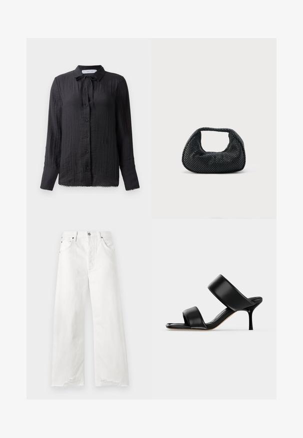 Schwarze Bluse mit Knopfleiste und Bindehalsdetail, strukturierter Stoff, lange Ärmel und Spitzensaum. Die Knöpfe sind schwarz und glänzend.; Weiße weit geschnittene Jeans aus Denim mit hoher Taille, vorderen Taschen und fransigen Säumen.; Schwarze Leder-Mule-Sandale mit zwei breiten Riemen und einem schlanken, mittelhohen Stilettoabsatz auf einem schlichten hellen Hintergrund.; Schwarze gewebte Hobo-Tasche mit weicher Struktur und integriertem Griff, dargestellt vor einem schlichten hellen Hintergrund.