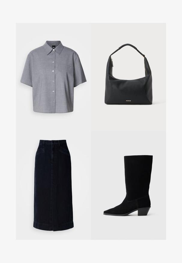 Grijze kortslippende shirt van lichtgewicht stof, met een kraag, knoopsluiting aan de voorkant, een enkele borstzak en een relaxte pasvorm.; Donkerdenim midi-rok met een hoge taille, sluiting met knopen aan de voorkant en zijzakken; heeft een rechte snit en subtiele zoomdetails.; Zwarte suede enkellaars met een spitse neus, een schacht van gemiddelde hoogte en een chunky hak. Heeft minimaal stikwerk en een gladde textuur.; Zwarte leren schoudertas met gevlochten handvat, gouden ritsdetail en klein goudkleurig "HUGO"-logo aan de voorkant in het midden.