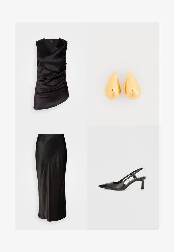 Schwarzes, ärmelloses Top aus glattem Satin, mit V-Ausschnitt und drapierter Gestaltung, asymmetrischem Saum und dezent gerüschter Textur.; Schwarzer Satinrock mit glatter Textur. Bodendeckendes Design mit schmaler Taille und leichtem Auslad an dem Saum. Keine sichtbaren Muster oder Beschläge.; Schwarzer Slingback-Schuh aus Leder mit spitz zulaufender Zehenpartie, versehen mit glänzendem Akzent auf der Vorderkappe und mittelhohem Absatz. Offenes Seitendesign.; Goldene Tropfenohrringe mit einer glatten, polierten Oberfläche und gerundeten Unterseiten, die das Licht mit einem glänzenden Finish reflektieren.
