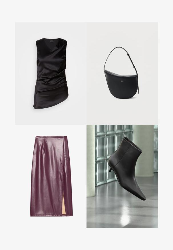 Sort ærmeløs top lavet af glat satin, med V-hals og draperet design, asymmetrisk kant og subtilt samlet tekstur.; Bordeaux farvet faux læder blyantskirt med slidser i siden, glat tekstur og sømdetaljer, der har en tætsiddende silhuet og knælangt design.; Sort læderankelstøvle med spids tå og lille hæl vist mod en væg af glasblokke og poleret gulv baggrund.; Sort halv-måne skuldertaske i læder med justerbar rem og guld "BOSS"-logo centreret foran.