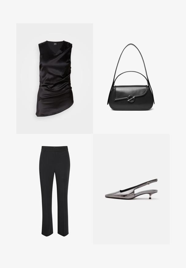Sort ærmeløs top lavet af glat satin, med V-hals og draperet design, asymmetrisk kant og subtilt samlet tekstur.; Sorte, skræddersyede bukser med lige ben. Fremstillet af glat stof, med en taljeret linning i taljen og en diskret presning foran.; Metalgrå spids slingback-sko med lav kittenhæle og justerbar rem på hvid baggrund.; Sort skuldertaske i læder med en buet klap, der er fastgjort med en rund metal spænde, og en slank, justerbar rem.