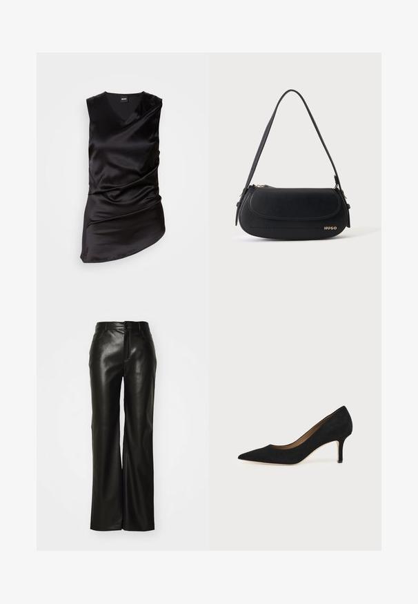 Schwarzes, ärmelloses Top aus glattem Satin, mit V-Ausschnitt und drapierter Gestaltung, asymmetrischem Saum und dezent gerüschter Textur.; Schwarze Wide-Leg-Hose aus Kunstleder mit glatter Textur, vorderem Reißverschluss und Gürtelschlaufen; minimalistisches Design ohne sichtbare Muster oder Akzente.; Schwarzer Wildleder-Pumps mit spitzer Schuhspitze, schlankem mittelhohem Stiletto-Absatz und tiefem Ausschnitt auf einfachem Hintergrund.; Schwarze Lederschultertasche mit geschwungener Klappe, goldenem "HUGO" Logo auf der Vorderseite und einem verstellbaren Riemen.