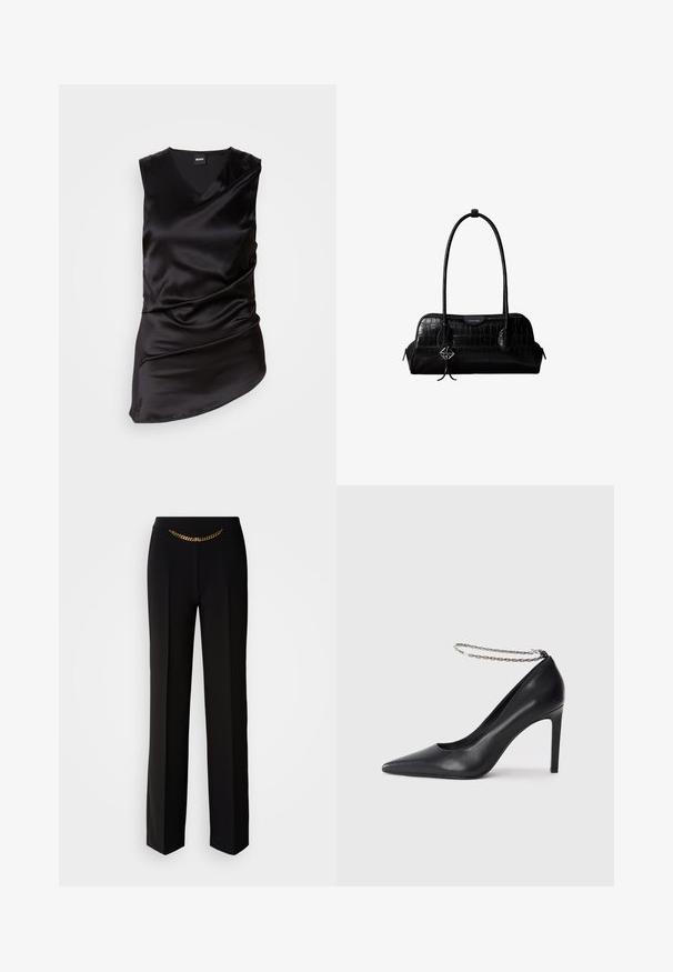 Sort ærmeløs top lavet af glat satin, med V-hals og draperet design, asymmetrisk kant og subtilt samlet tekstur.; MARCIANO BY GUESS ELLA CHAIN STRAIGHT PANTS - Bukser - black; Sorte læder højhælede pumps med spids tå, der har en tynd sølvkæde ankelrem og en slank, glat tekstur.; Sort skuldertaske i krokodillelæder med lange stropper og lille sølvlogo-charm på den ene strop.