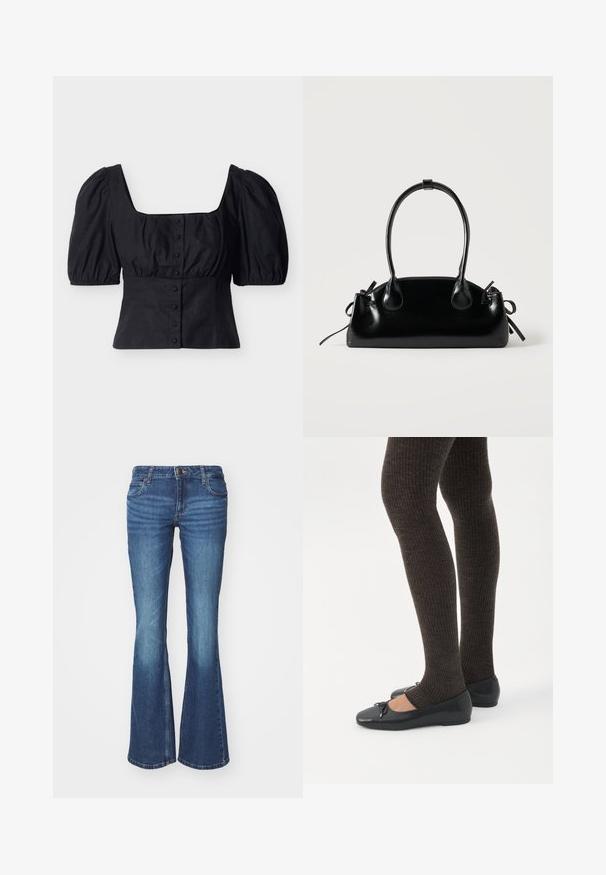 Sort cropped bluse med puffede korte ærmer, firkantet udskæring og knaplukning foran på en ensfarvet baggrund.; Udsvingede jeans i middelblå denim. Har en lynlås foran med en metalknap, to forlommer og falmning detaljer nær knæene.; Ben iført mørke ribbede leggings kombineret med sorte balletsko med små sløjfedetaljer på hvid baggrund.; Lille sort blank håndtaske med to lange håndtag og snøre-detaljer i siden på en ensfarvet lys baggrund.