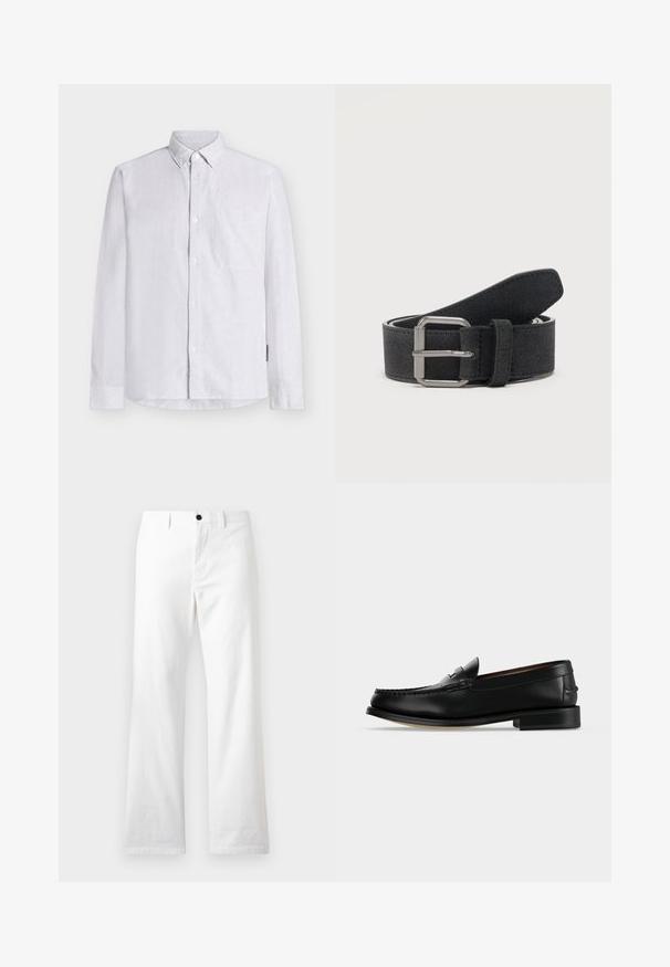 Chemise blanche à manches longues avec un bouton-pression, une poche poitrine et un motif texturé subtil. Confectionnée dans un tissu léger, avec un col classique.; Pantalon blanc à jambes droites avec bouton frontal et passants de ceinture, présenté sur un fond clair uni.; Mocassin homme en cuir noir avec un petit talon et une couture de style mocassin sur l'avant, vu de côté sur un fond uni.; Ceinture en daim noir roulée avec une boucle rectangulaire en métal argenté et une passant de ceinture cousu sur fond uni.
