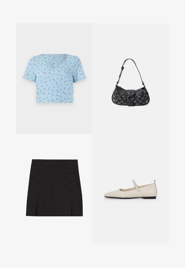 Lyseblå kortærmet V-hals t-shirt med et blomstermotiv, der har lilla og hvide blomster på et struktureret stof.; Sort nederdel med lodrette hvide striber, der har et lige design og små slidser i kanten. Glat tekstur, skræddersyet pasform.; Hvide ballerinasko i læder med spids tå, ankelsnor og lav sort hæl. Glat tekstur med minimale detaljer.; Sort håndtaske med quiltet tekstur, der har sølvhardware, en buet form og en enkelt justerbar rem. Lynlås lukning øverst.