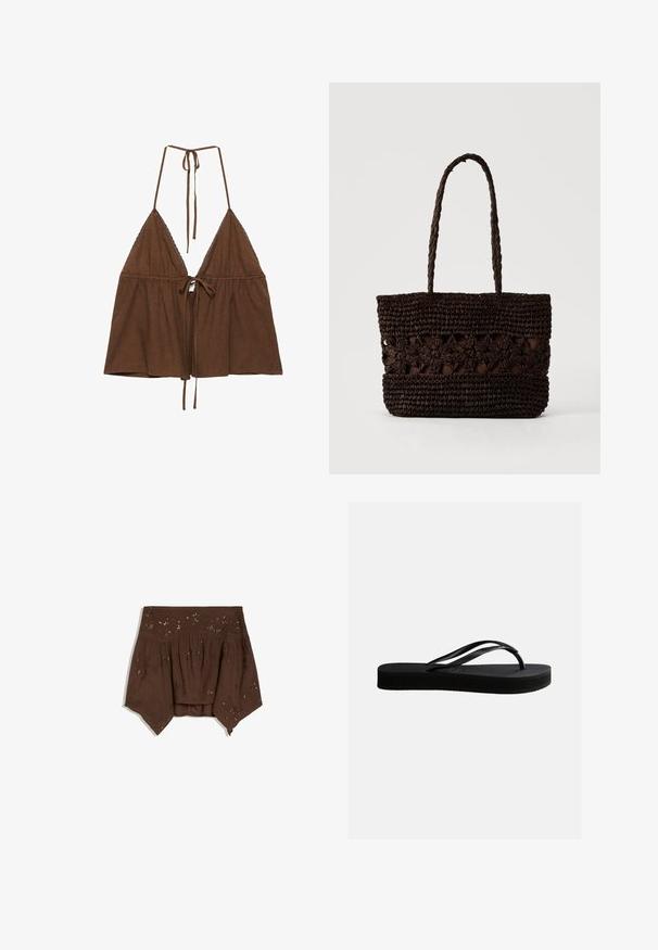Brun halterneck cropped top med trekantede skåle, blondestrimling og bindelukninger ved nakke og foran midt.; Brun top med bare skulder, asymmetrisk kant, rynket stof og diskrete blomsterudsmykninger med palietter.; Sort gummiflipflop med tekstureret sål og Y-formet rem, vist i sideprofil mod en ensartet lys baggrund.; Mørkebrun flettet taske med blomsterprint og to lange fletdet håndtag på en ensfarvet lys baggrund.