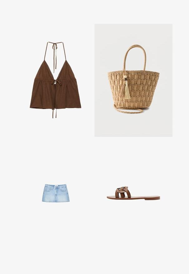 Crop top marron à col halter avec bonnets triangulaires, bordure en dentelle et liens de fermeture au niveau du cou et au centre devant.; Mini-jupe en denim bleu clair, avec une coupe droite, cinq poches et une fermeture à bouton sur le devant avec passants de ceinture. Texture lisse.; Sandales plates brunes en matériau synthétique avec un design de bride tressée et une semelle lisse et plate. Sans talon, esthétique minimaliste.; Sac cabas en paille tressée avec poignées arrondies, motif carré, et deux pompons suspendus avec des perles en bois sur un fond uni.