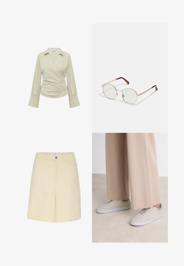 Cremefarvet bluse med tynde lodrette blå striber, slå-om front, lange ærmer med manchet og spidse krave.; Lys beige denimnederdel med slids foran, standard talje og klassisk fem-lommer design. Glat tekstur og minimalistisk stil.; Beige sneakers med lysegrønne accenter, fremstillet af blødt materiale, med et klassisk design, rund tå og hvide gummisåler.; Guldmetals ovale briller med klare linser. Skildpadde-mønster detaljer på stængerne. Justerbare næsepuder for komfort.