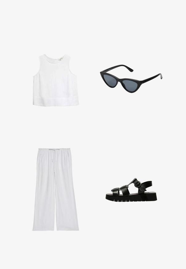 Top blanco sin mangas con cuello redondo, confeccionado con tela ligera. Presenta un dobladillo recto y detalles sutiles de costura.; Pantalones blancos de corte holgado hechos de una tela suave. Cuentan con una cinturilla elástica con cordón y dos bolsillos laterales.; Sandalia negra con suela de plataforma gruesa, tiras anchas, hebilla ajustable y un diseño minimalista con textura suave.; Gafas de sol negras en forma de ojo de gato con lentes gris oscuro, marco de plástico elegante, esquinas puntiagudas y patillas rectas. Sin herrajes ni acentos visibles.