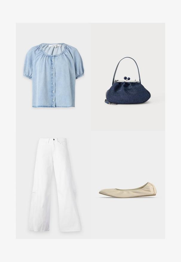 Blouse bleu clair manches courtes avec encolure ronde froncée, boutonnage sur le devant et manches bouffantes avec poignets élastiques.; Pantalons en denim blancs à jambes larges avec un design à cinq poches. Dotés d'un bouton noir et d'une fermeture éclair. Texture lisse, silhouette droite.; Ballerine beige en cuir souple avec bout arrondi, profil latéral bas et semelle fine en caoutchouc sur fond blanc uni.; Sac à main en tissu tissé bleu marine avec fermoir rond, poignée courte et détail en chaîne argentée sur un fond clair uni.
