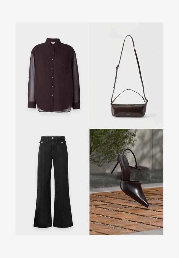 Sort skjorte med knapper og gennemsigtige lange ærmer, en brystlomme og en rund kant. Glat stoftekstur; klassisk kravedesign.; Sorte denim flared jeans med høj talje, der har to frontlommer, hardware i sølv-tone og synlige sømdetaljer foran.; Blank højhælet mule med spids tå og ankelrem, svævende over en terracottaflisebelagt overflade med grusfyldte mellemrum.; Lille blank mørkebrun læder skuldertaske med justerbar rem, top håndtag og gyldent lynlås lukning.