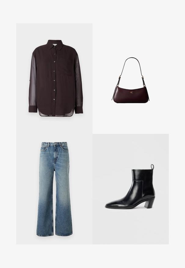 Schwarzes Hemd mit Knöpfen und durchsichtigen langen Ärmeln, einer Brusttasche und abgerundetem Saum. Glatter Stoff mit klassischem Kragen.; Helle Jeans aus Denim mit hoher Taille, weitem Bein, leichter Ausbleichung und Kontrastnähten; verfügt über Fronttaschen und einen Knopfverschluss.; Schwarze Leder-Ankleboots mit spitzem Zeh, geometrischem Blockabsatz und einem Zugband hinten. Glatte Textur und elegantes Design.; Dunkelburgunderfarbene Lederhandtasche mit schmalem schwarzem Schulterriemen und kleinem goldenem "cK" Logo vorne in der Mitte.
