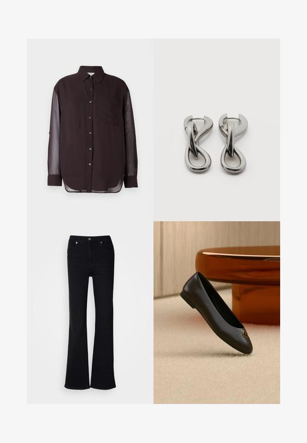 Sort skjorte med knapper og gennemsigtige lange ærmer, en brystlomme og en rund kant. Glat stoftekstur; klassisk kravedesign.; Sorte flared jeans lavet af denim, med knap- og lynlåslukning, fem lommer og en glat tekstur.; Sort læder balletflat med rund tå og gyldent logomærke nær tåen, vist mod en beige tæppe og brun møbelbaggrund.; Par af sølvtonede metale øreringe med abstrakt sammenflettet løbedesign på hvid baggrund.