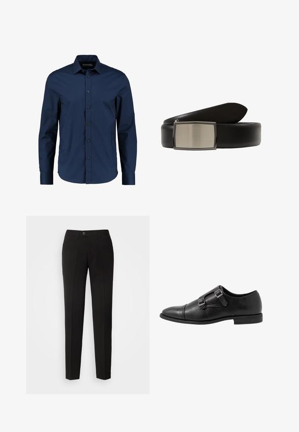 Chemise à manches longues bleu marine en tissu lisse, dotée d'un col classique, de boutons sur le devant et d'une coupe ajustée avec un hem arrondi.; Pantalons droits noirs en tissu lisse, dotés d'une fermeture à bouton et de poches latérales avec un design classique.; Chaussure monk strap en cuir noir avec deux boucles en argent, design à bout capteur, bout rond et semelle en caoutchouc de profil bas. Texture lisse, silhouette élégante.; Ceinture en cuir noir avec une large sangle et une boucle rectangulaire en métal brossé présentant une finition lisse et un petit logo.