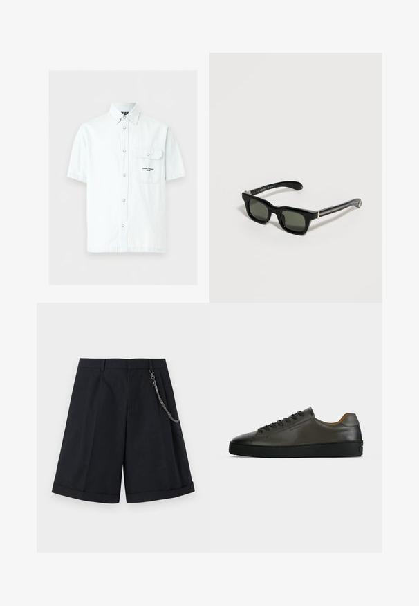 Chemise bleu clair à manches courtes avec boutons, rabat de poche avant et texte "Armani Exchange Milano" sur la poche.; Shorts noirs sur mesure mi-genoux avec plis à l'avant, ourlets retroussés, passants pour ceinture et une chaîne argentée attachée sur le côté droit.; Basket basse en cuir gris foncé avec lacets et semelle noirs, design minimaliste, profil latéral sur un fond clair uni.; Lunettes de soleil rectangulaires noires avec des montures épaisses et des verres foncés reposant sur une surface claire.