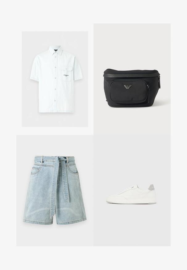 Chemise bleu clair à manches courtes avec boutons, rabat de poche avant et texte "Armani Exchange Milano" sur la poche.; Short en jean bleu clair avec des poches devant et une ceinture en tissu assortie nouée à la taille.; Baskets basses blanches avec un onglet de talon gris, des lacets blancs et une semelle texturée, présentées sur un fond uni clair.; Sac banane noir avec poche avant zippée et logo aigle argenté, tissu lisse avec bordure texturée et tirettes de fermeture éclair.