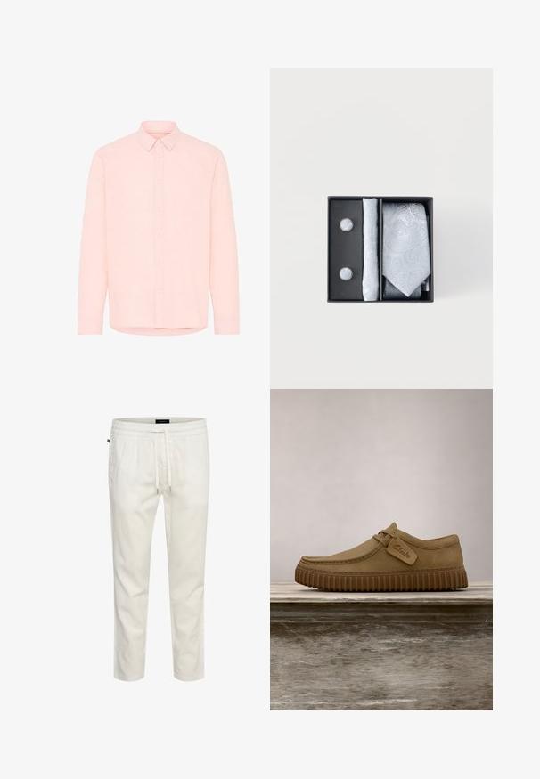 Camisa de manga larga color rosa claro con botones, cuello puntiagudo y puños abotonados, mostrada sobre un fondo blanco.; Joggers ligeros de algodón blanco con cintura elástica, cierre con cordón y un corte relajado. Textura suave sin patrones ni acentos.; Zapatos de ante marrón claro con puntera redondeada, detalles de costura y una suela de goma marrón acanalada. Presentan una etiqueta lateral con el logotipo de "Clarks".; Conjunto de corbata de diseño paisley gris claro con gemelos a juego y pañuelo, presentado en caja de regalo negra sobre fondo blanco.
