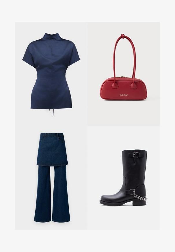 Blouse bleu marine à manches courtes, col montant et taille cintrée, présentée sur fond blanc.; Jean en denim foncé avec une superposition de jupe à couches, présentant des jambes larges et des poches, terminé par un ourlet propre et une couture classique.; Botte mi-mollet en cuir noir avec deux boucles argentées et un détail de chaîne argentée enroulé autour du talon sur une semelle à talon bloc bas.; Sac à main en cuir rouge de forme arrondie, avec deux poignées courtes et des accents dorés. Présente le nom de la marque "Valentino" en doré à l'avant.