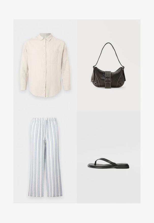 Chemise beige à manches longues avec col et poche poitrine, en tissu texturé, présentée sur un fond blanc uni.; Pantalon ample à rayures verticales bleues et blanches, taille élastique et cordon de serrage.; Tongs noires en cuir lisse, avec un design de sangle fine et une semelle plate à profil minimal. Aucun motif ou accent notables.; Sac à épaule en cuir noir avec une sangle à boucle, des bords arrondis et des coutures blanches contrastées sur un fond uni.
