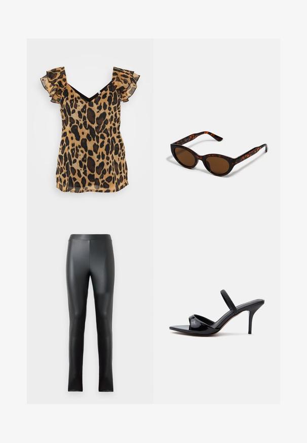 Top met luipaardprint, korte gerimpelde mouwen, V-hals en een semi-doorzichtige, lichte stof in tan- en bruintinten.; Zwarte leggings van glad, glanzend materiaal met een hoge tailleband en een slimfit ontwerp. Geen zichtbare naden of versieringen.; Zwarte sandaal van lakleer met een smalle naaldhak, vierkante neus en een dunne band over de wreef, getoond op een witte achtergrond.; Bruine schildpad zonnebril met een vintage cat-eye vorm en bruine lenzen. Heeft gebogen armen met rode accenten.