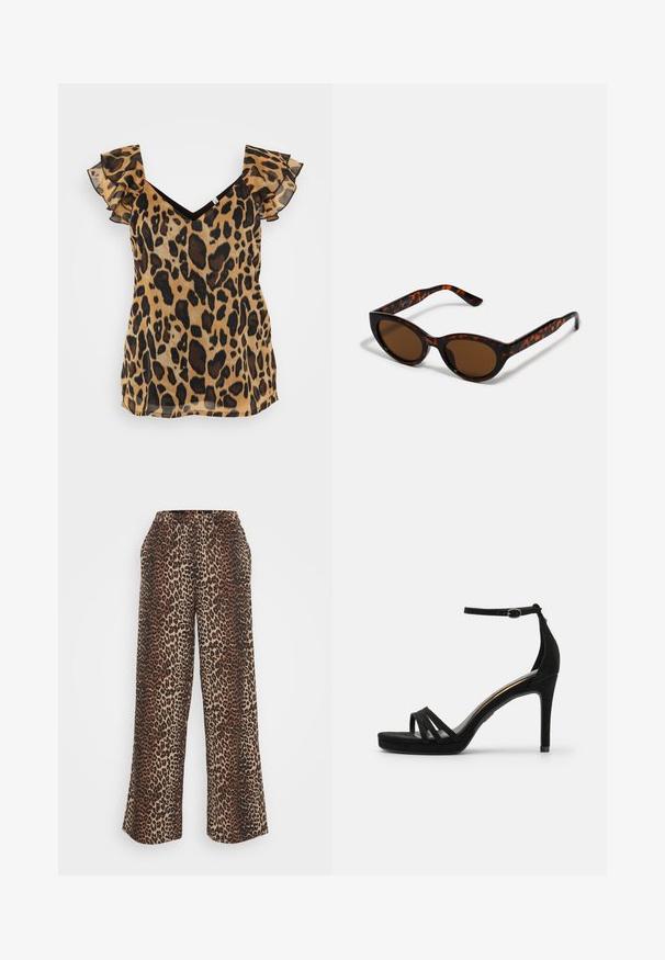 Top met luipaardprint, korte gerimpelde mouwen, V-hals en een semi-doorzichtige, lichte stof in tan- en bruintinten.; Leopardprint wijde broek met een elastische tailleband en zijzakken, gemaakt van een zachte stof in bruine en tan tinten.; Zwarte suede hoge hak sandaal met open teen, voorzien van drie smalle banden aan de voorkant en een verstelbare enkelband.; Bruine schildpad zonnebril met een vintage cat-eye vorm en bruine lenzen. Heeft gebogen armen met rode accenten.
