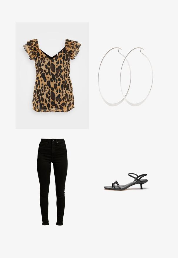 Løveprint top med korte, flæseærmer, V-halsudskæring og et semi-gennemsigtigt, letvægtsstof i tan og brune nuancer.; Sorte højtaljede skinny jeans fremstillet af denim med let stræk, med lynlås, enkelt knaplukning og fem-lomme design.; Sorte lædersandaler med et slankt, minimalistisk design. Har to tynde remme og en lille, skrå hæl. Glat tekstur og åben tå.; Sølv hoops øreringe med et tyndt, glat design; langstrakt oval form; poleret finish; har en sikker krog lukning.