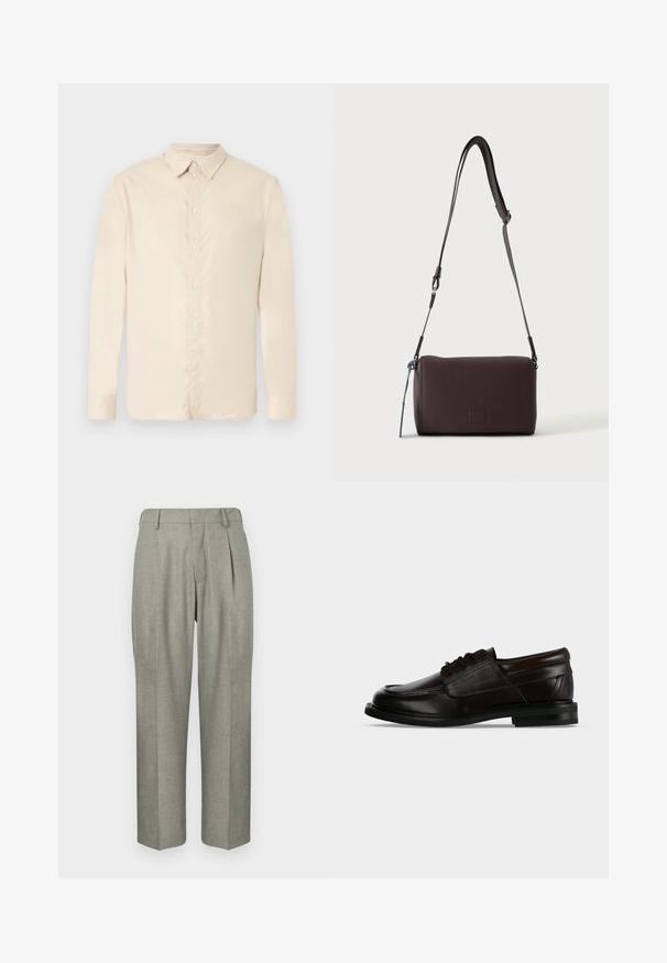 Chemise beige à manches longues avec boutons et col, présentée sur un fond blanc.; Pantalons gris clair en tissu texturé. Ils présentent une coupe droite, des plis à l'avant et une taille plate.; Chaussure habillée en cuir marron foncé à lacets, bout arrondi et petit talon empilé, vue de profil.; Sac bandoulière en cuir marron foncé texturé avec une sangle réglable et un petit accent décoratif bleu sur le côté.