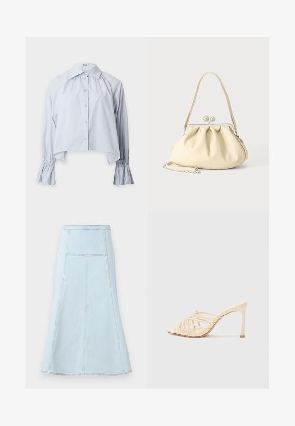Lyseblå bluse med lange ærmer, knapper foran, bred krave, rynket stof ved skuldre og manchetter samt udfladede elastiske detaljer ved håndled.; Lyseblå denim A-line nederdel med høj talje, der har lodrette syninger og en bredere kant for ekstra bevægelse.; Beige højhælede mules med et stribet design. Har en firkantet tå, en glat tekstur og en slank hæl med en gylden accent ved bunden.; Cremefarvet blødt læder håndtaske med indsamlet design, sølvramme-lukkemekanisme, kort hank og aftagelig kæderem.