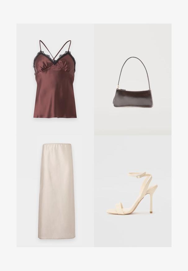 Topshop TSNAOMI LACE TRIM SATIN CAMI TOP WVN - Débardeur - chocolate brown; Jupe midi beige droite avec taille élastique, texture lisse et détails discrets de coutures sur fond blanc.; Sandale à talon haut beige avec une sangle fine autour de la cheville et un bout carré. Matériau synthétique lisse, design minimaliste et talon aiguille.; Petit sac à main rectangulaire en cuir marron foncé avec une bandoulière unique et une fermeture éclair dorée.