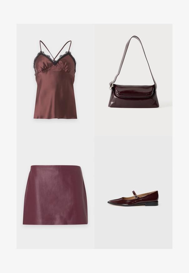 Topshop TSNAOMI LACE TRIM SATIN CAMI TOP WVN - Μπλούζα - chocolate brown; Μίνι φούστα σε λείο μπορντώ δέρμα με ίσια γραμμή και χωρίς ορατές διακοσμήσεις ή κλείσιμο.; Μπορντό πατέντα δερμάτινα Mary Jane με αιχμηρή μύτη, επίπελο τακούνι και διακοσμητικό ιμάντα με κυκλική αγκράφα.; Σκούρα μπορντό δερμάτινο τσάντα ώμου με κλείσιμο με καπάκι και λεπτό ρυθμιζόμενο λουράκι, εμφανίζεται σε απλό ανοιχτό φόντο.