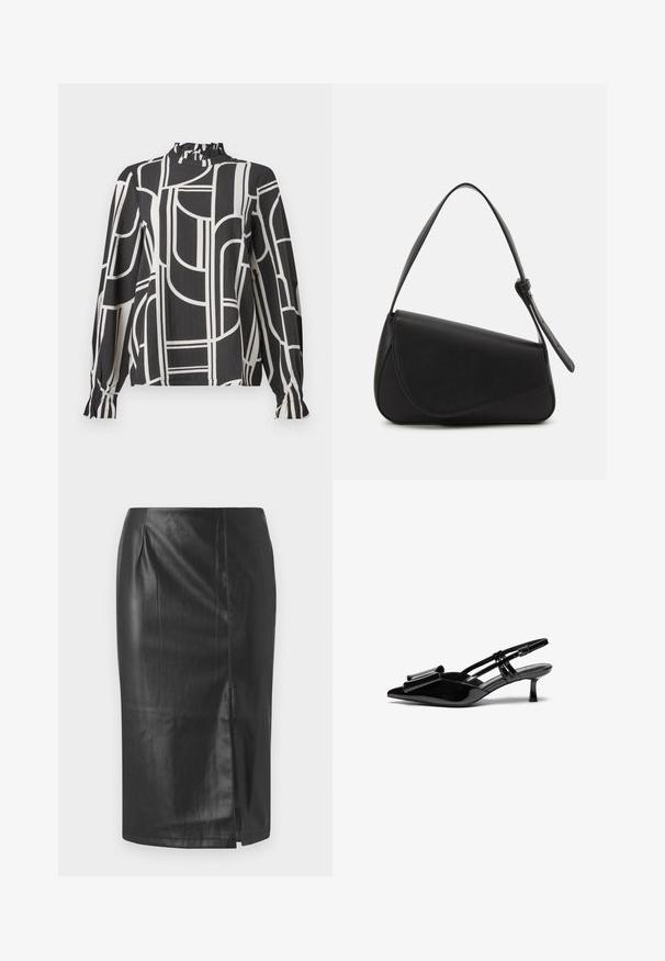 Blusa negra de manga larga con líneas geométricas abstractas en blanco, cuello alto con volantes y puños fruncidos en las mangas.; Falda lápiz de cuero negro con un diseño elegante, que cuenta con una abertura lateral y una textura suave, adecuada para uso formal o casual.; Zapatos de tacón slingback de charol negro con punta afilada, detalle de lazo en el frente y un pequeño tacón de aguja. Las correas tienen hebillas ajustables.; Bolso de mano de cuero negro con forma triangular, tapa en ángulo y un asa superior redondeada. Presenta una textura suave y detalles de diseño minimalistas.